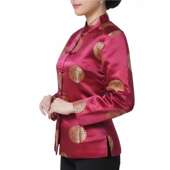 Chinese Tang Cheongsam Magenta Gold Jacket Frog Buttons Mandarin Collar Sz M - Picture 2 of 15